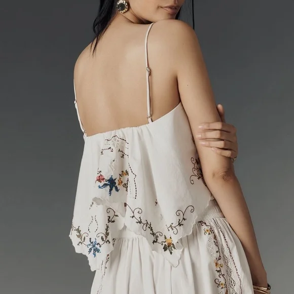 Anthropologie Hanky Crop Cutwork Tank Colorful Embroidery White SIZE XL NEW - Picture 2 of 10